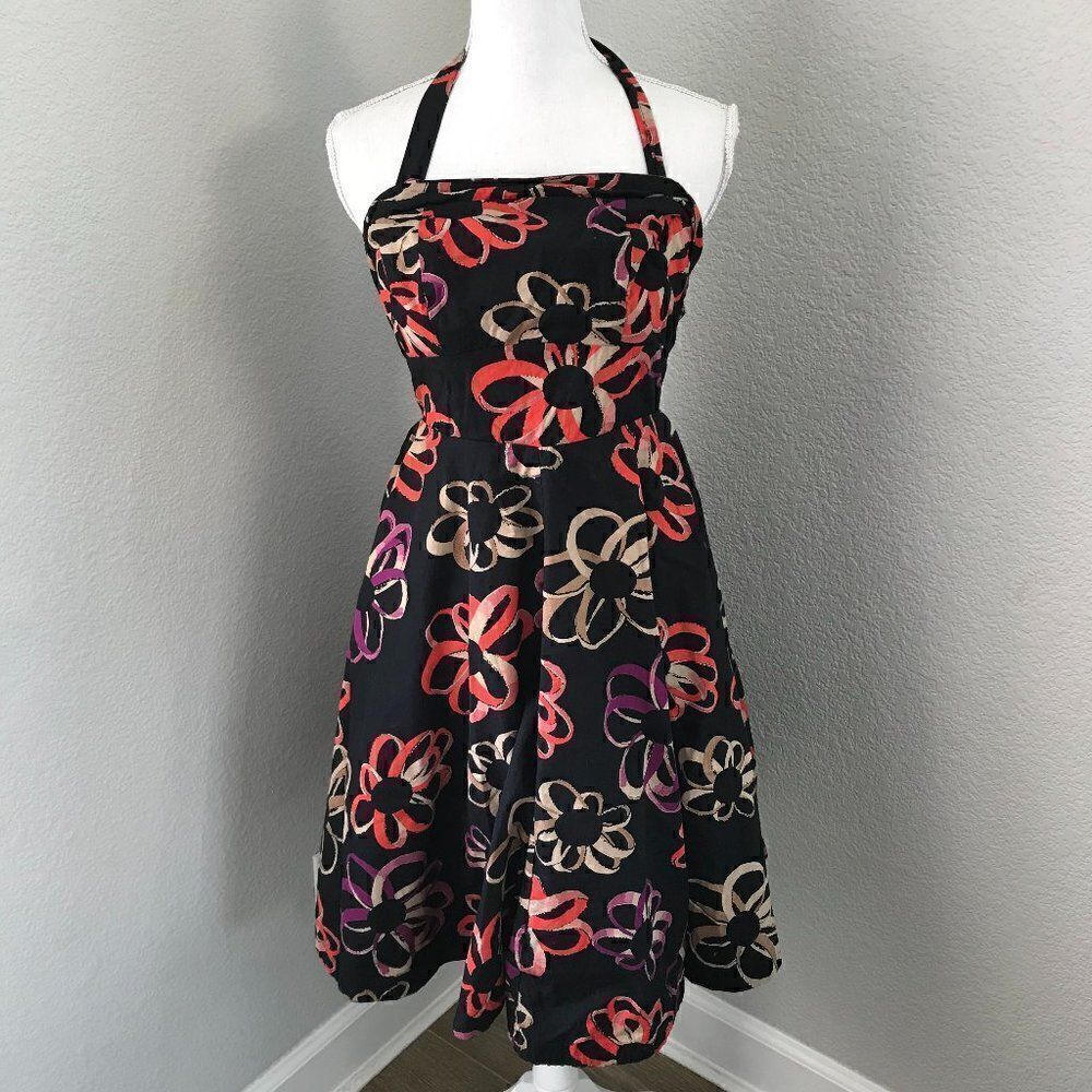 Anthropologie Girls from Savoy Black Floral Halter Mini Dress Size 4